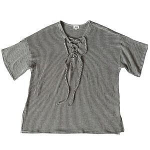 BKE Buckle Olive Green Striped Lace Up V-Neck Knit Top Oversized L